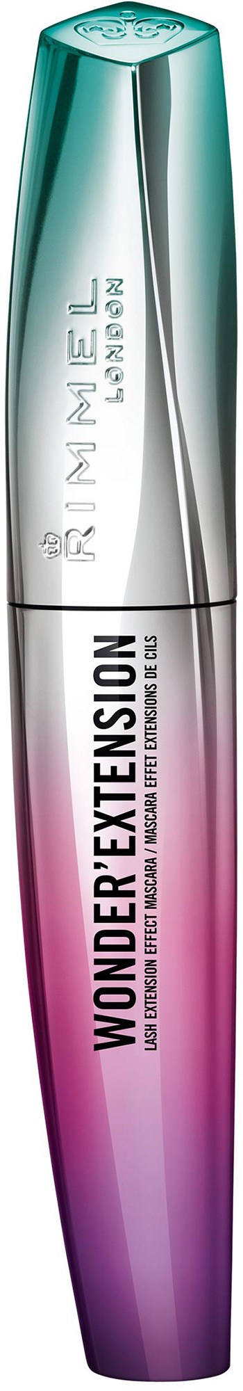 En mascara-förpackning med gradiént från lila till silver, silverlock och texten "Wonder Extension".