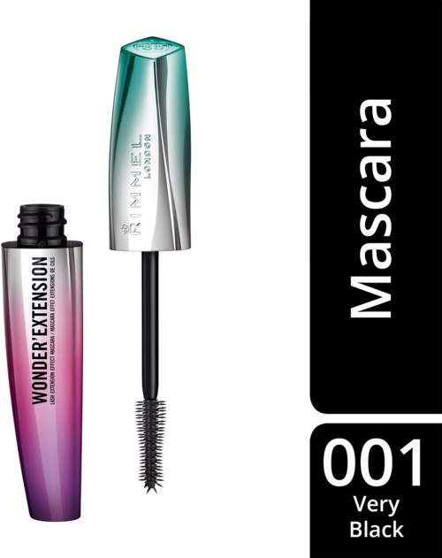 En mascara-rör med en borste och svart etikett, med ordet 'Mascara' och siffran '001 Very Black'.