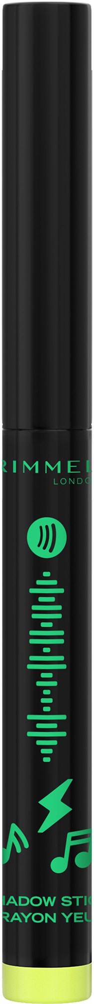 En svart eyeliner-penna med en grön logga och musiknoter, pekande uppåt, på vit bakgrund.