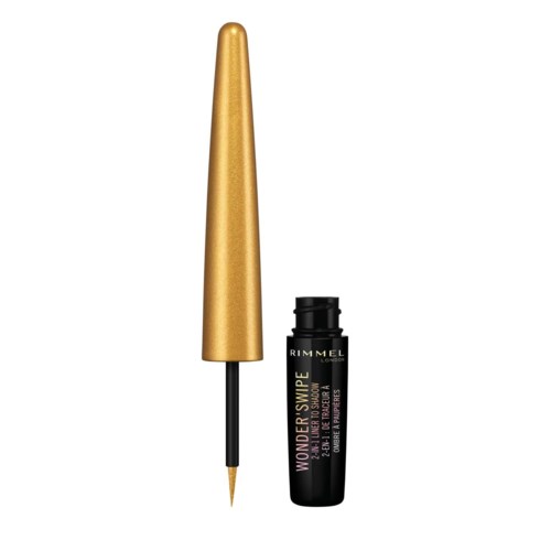A black eyeliner bottle with a gold cap and a fine brush for application.