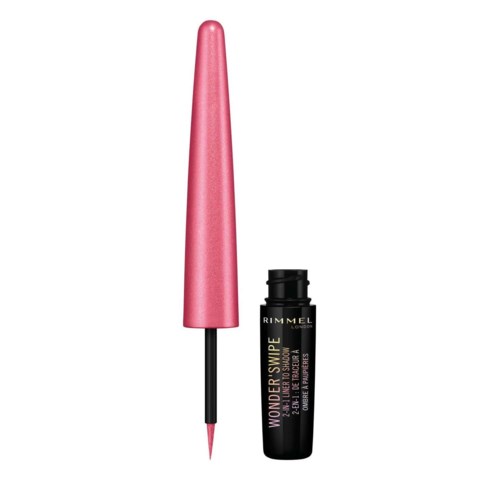 Rosa ögonbrynspenna med vätskeapplikator, märkt "Wonder Swipe" av Rimmel.