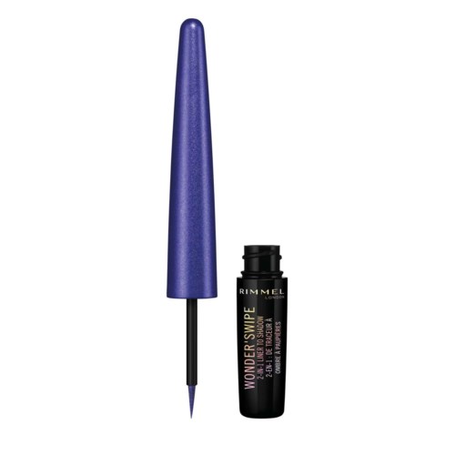 Niebieski płynny eyeliner z długą, cienką nakrętką i mała czarna buteleczka z płynem.