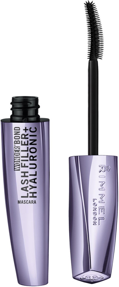 Fioletowa tubka tuszu do rzęs z szczoteczką, oznaczona "Wonder Bond Lash Flier" i "HYALURONIC".