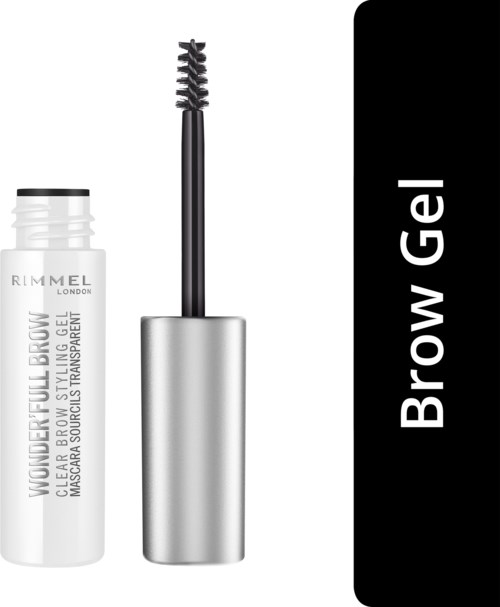 Przezroczysty pojemnik z żelem i pędzelkiem do brwi, oznaczony "Brow Gel". Pędzelek jest widoczny.