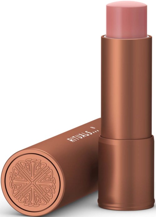 Pink lipstick in a rose gold tube with a decorative pattern on the bottom.