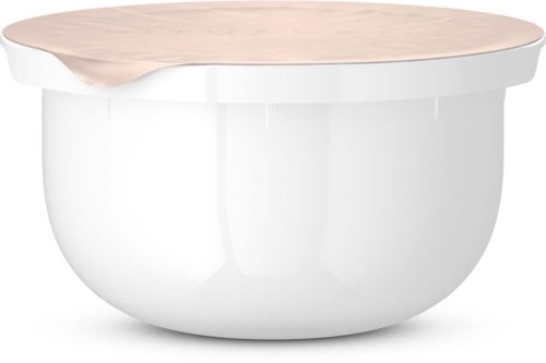 En vit skål med en beige topp, enkel och modern i design.