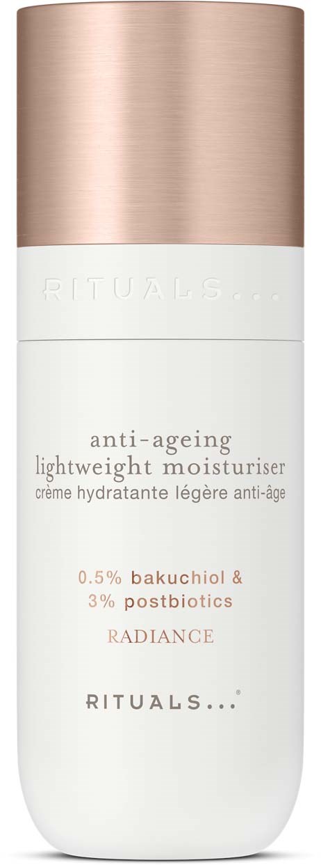 En vit flaska med ett rosa lock, märkt som anti-aging lättviktighetsfuktare med bakuchiol och postbiotics.