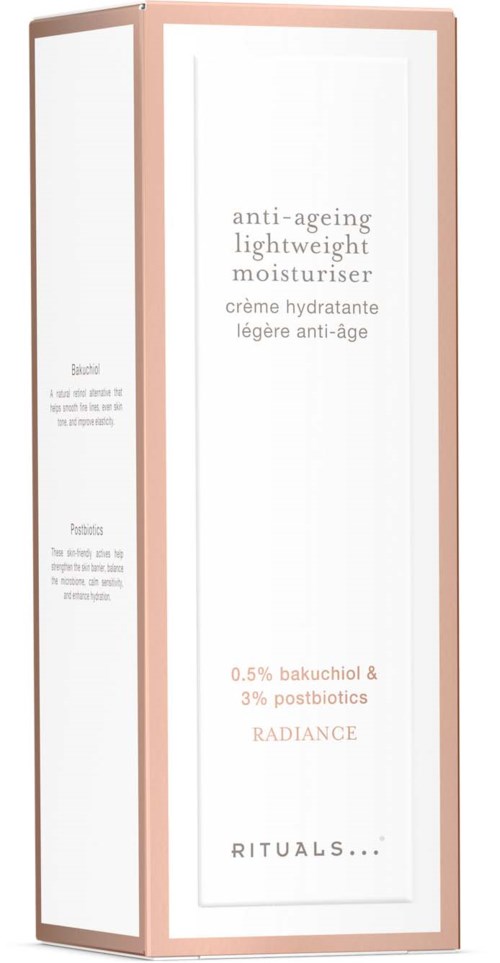 En lång, rektangulär, fristående spegel med ljusrosa eller roséguldfärgad ram och vit bakgrund, som visar produktinformation.
