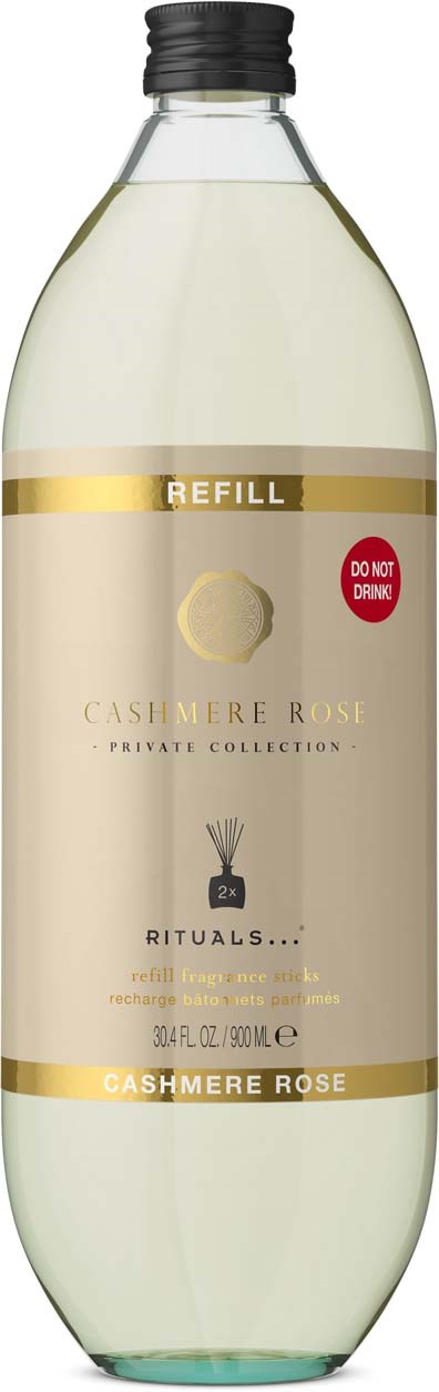 Butelka uzupełniająca perfum Cashmere Rose od Rituals, z prostą etykietą beżową i złotą oraz czarnym korkiem.