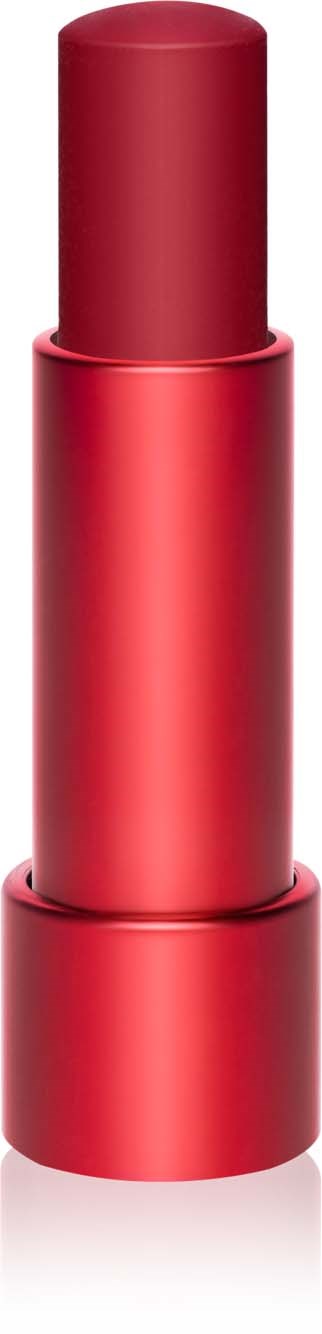 A red lipstick in a sleek case standing upright against a black background.
