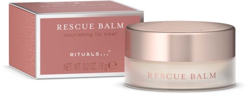 En lille krukke med læbepomade ved siden af en boks, begge mærket "Rescue Balm" til nærende læber.