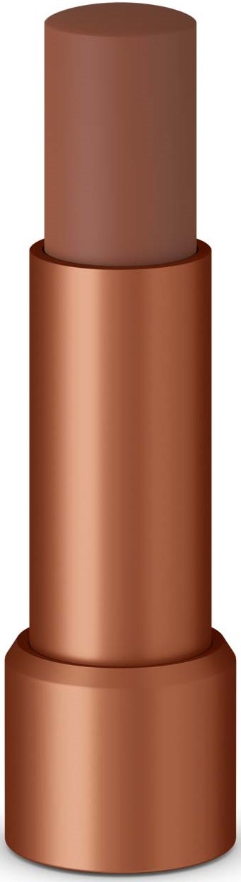 A brown lipstick stick in a shiny rose gold tube.