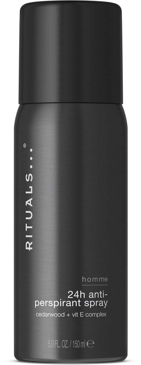 A black spray bottle with white text, labeled Rituals deodorant spray for men, 24-hour anti-perspirant, cedarwood scent.