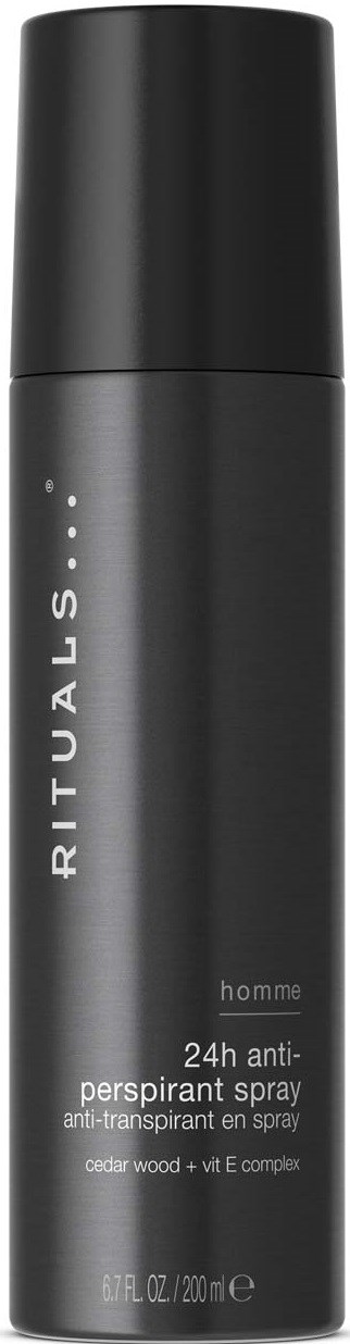 En svart cylinderformad sprayflaska märkt Rituals Homme 24h anti-transpirant med silverfärgad text.