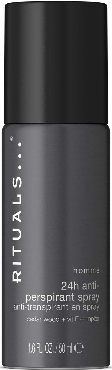 A gray and black spray bottle labeled "RITUALS homme 24h anti-perspirant spray."