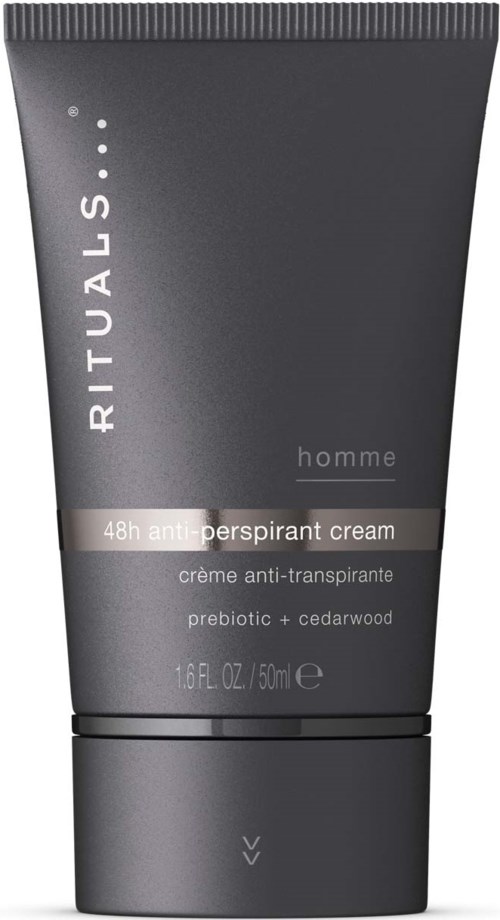 A dark gray tube of Rituals Homme anti-perspirant cream with cedarwood, 50ml size, and 48-hour protection.