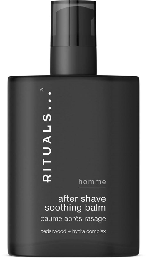 Svart flaske med pumpe, merket Rite Aid herre after shave balm med sedretre og hydra kompleks.