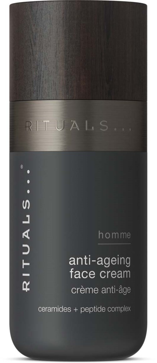 En mørkegrå flaske med svart lokk, merket Rituals homme anti-ageing face cream, inneholder ceramider og peptider.