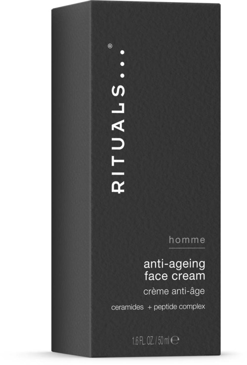 En svart eske med hvit tekst som annonserer Rituals anti-aldre ansiktskrem for menn, 50 ml.