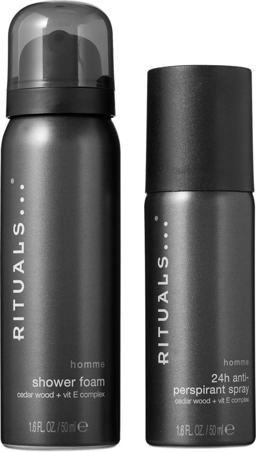 Två svarta flaskor, en för duschskum och en för deodorantspray, båda märkta 'RITUALS' och 'homme', med enkla designer.