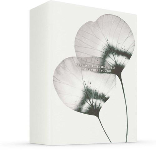 Två stora, runda blad med en enkel, tunn utseende och ett blomstjälk. En citat om lycka över bladen.
