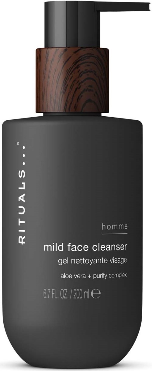 En svart och brun flaska med pump, märkt Rituales homme mild ansiktsrengöring, aloe vera och renad komplex.