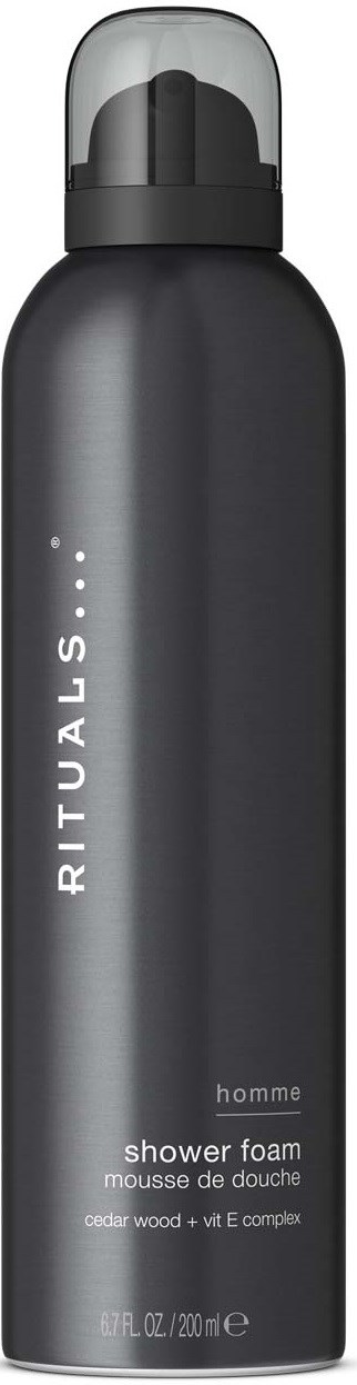 Een zwarte cilindervormige fles met doorzichtige dop, gelabeld 'RITUALS' en 'shower foam,' voor mannen, 200 ml.