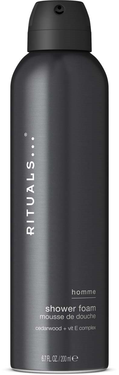 A tall, dark gray bottle with a black cap, labeled Rituals homme shower foam, 200 ml.