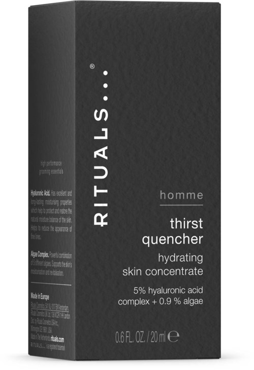En svart förpackning för RITUALS HOMME återfuktande hudkoncentrat med hyaluronsyra och alger.