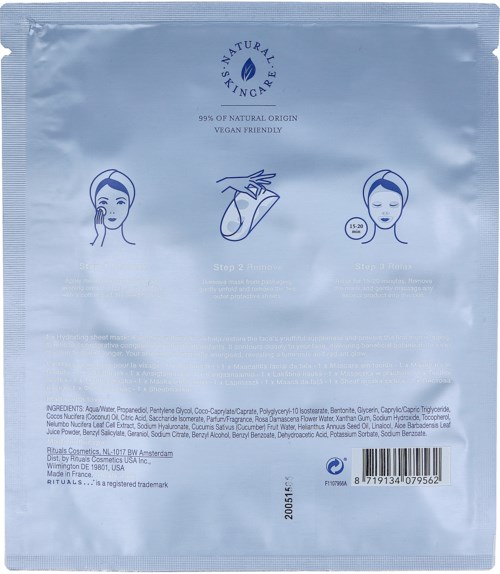 Blå påse med bilder som visar hudvårdssteg, ordet 'Natural Skincare' och ingredienslista längst ner.
