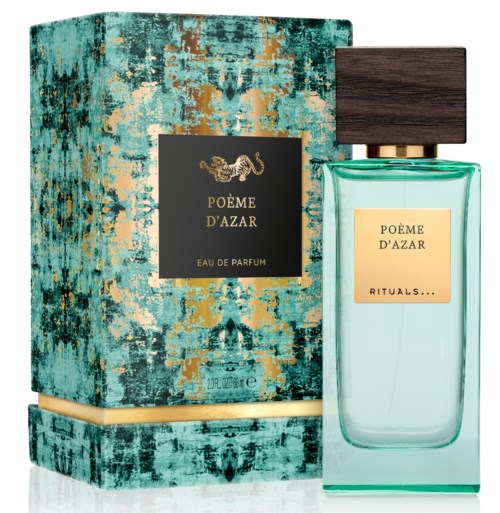 Ein Parfümflasche und eine Verpackung mit blau, gold und schwarz Design, mit goldener Beschriftung und dunklem Deckel.