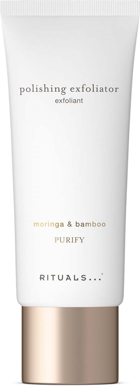 En vit tub märkt poleringspeeling med ord om moringa, bambu och Purify från Rituals.