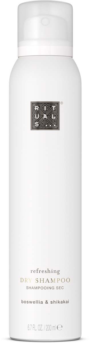 Hvit flaske fra Rituals med tørshampo, svart etikett og sølvlogo, 200 ml.