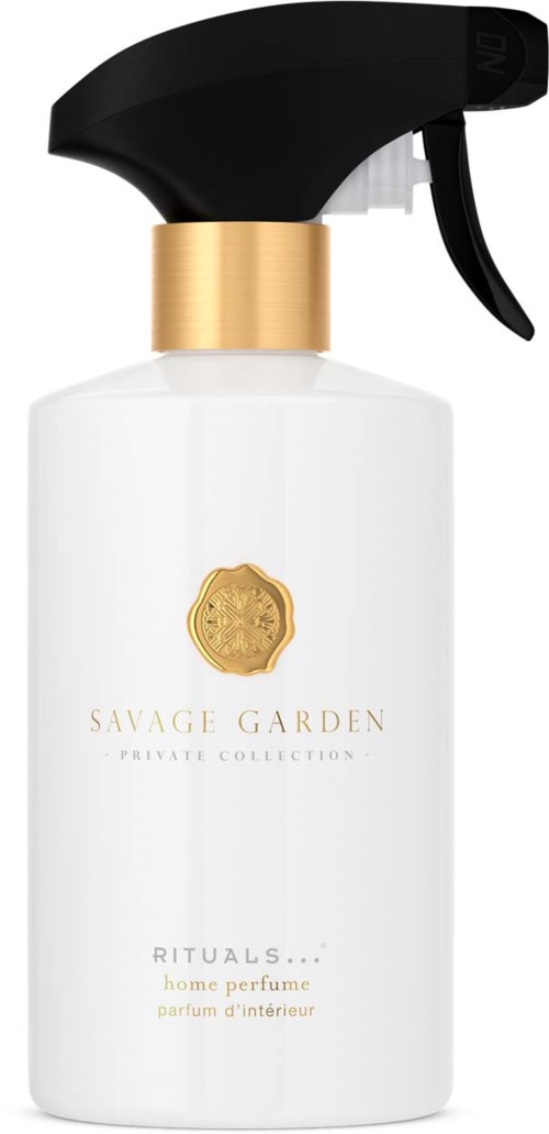 A white bottle with a black spray top, gold band, and gold emblem, labeled 'Savage Garden' and 'home perfume.'