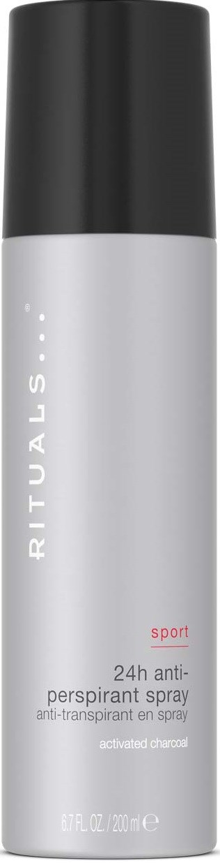 En lang, hvit boks med svart topp, merket Rituals sport 24t antiperspirant spray med aktivert karbon.