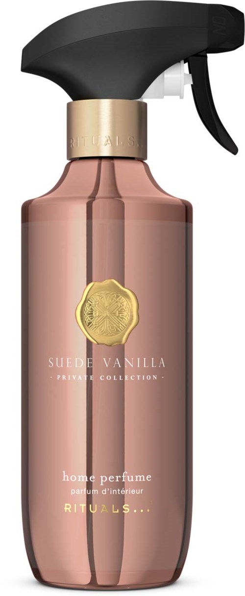 A pink spray bottle with black nozzle and gold label for home perfume. It is part of Rituals' Suede Vanilla collection.