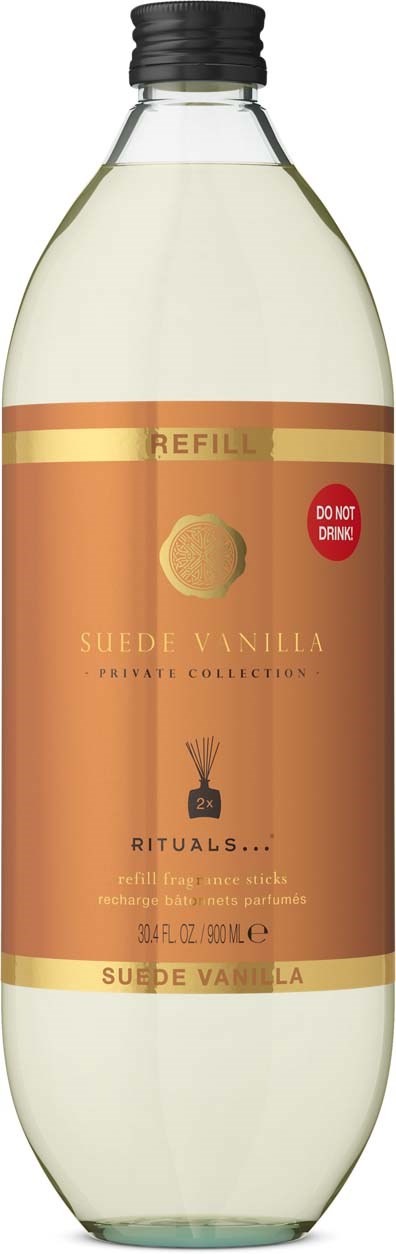 Butelka uzupełniająca zapach Suede Vanilla od Rituals, z beżową etykietą i czarnym wieczkiem.
