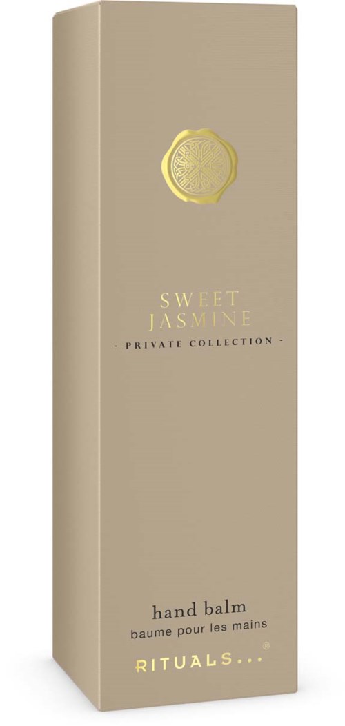 Beżowe prostokątne opakowanie z złota srebrnym emblematem i tekstem na Sweet Jasmine balsam do rąk od Rituals.