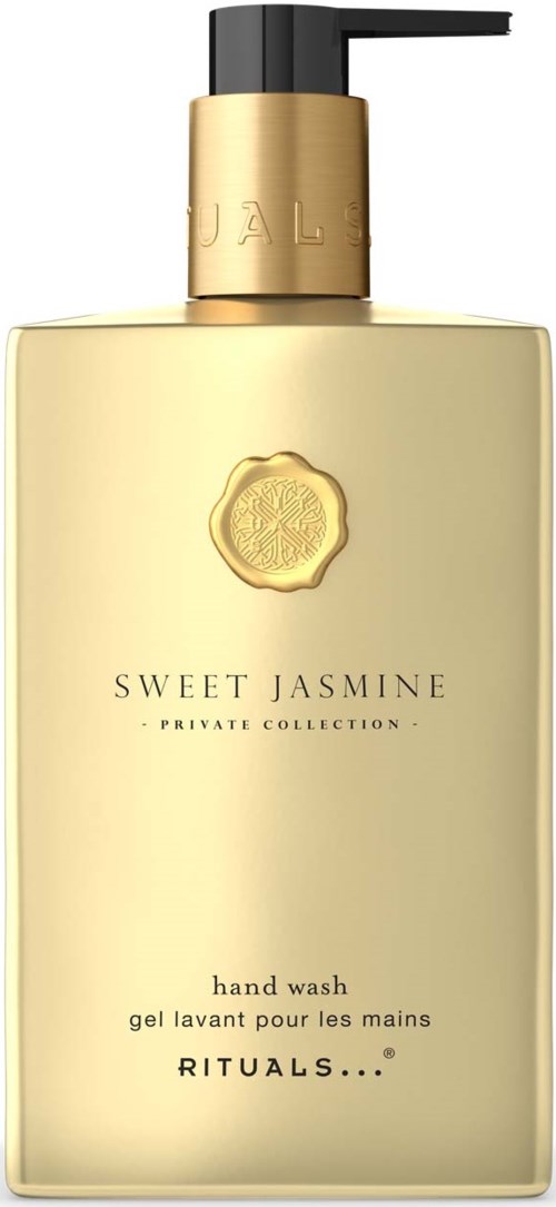 Jasnożółta butelka z pompką i czarnym dozownikiem, oznaczona jako płyn do rąk Sweet Jasmine marki Rituals.