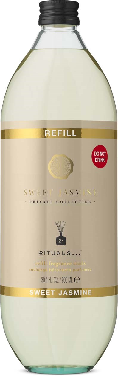 Täytettävä muovipullo, jossa Sweet Jasmine -tuoksuinen vartalopesu ja Rituals-brändi, alumiinisuppilo.
