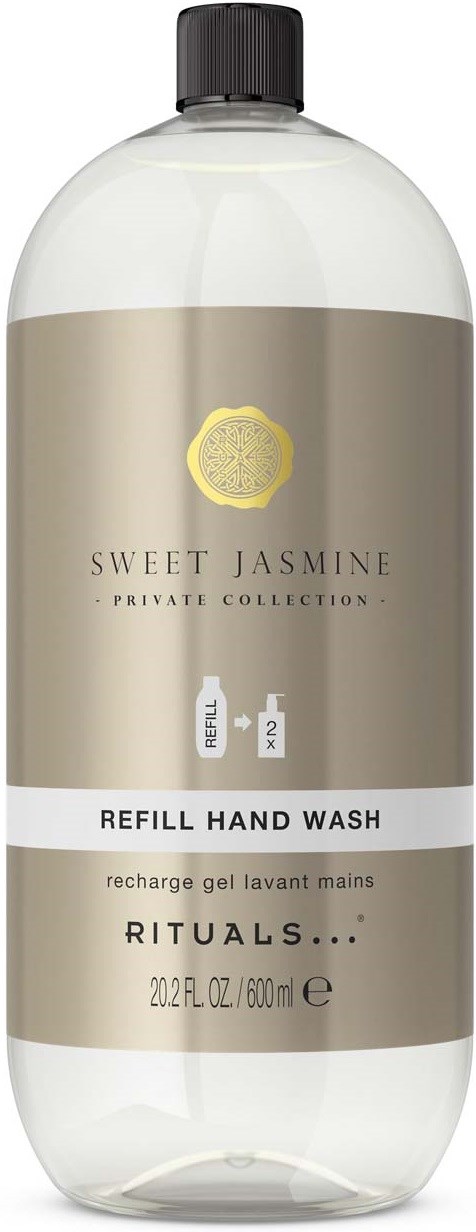 Duża przezroczysta butelka z czarnym kapselkiem, oznaczona jako Sweet Jasmine refill hand wash, z beżowym i białym designem.