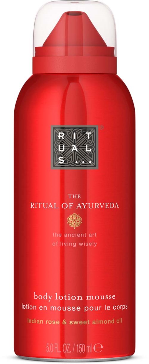 A red cylindrical bottle with a transparent cap, labeled as body lotion mousse with Indian rose and sweet almond oil.