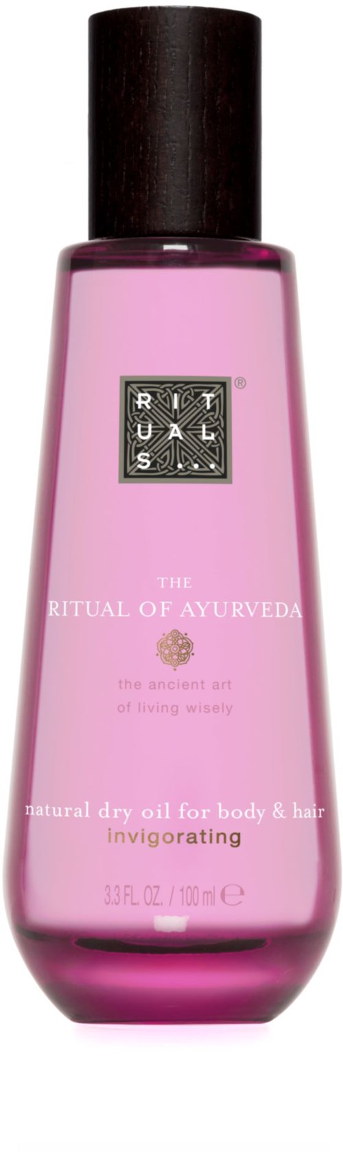 Rosa flaska av Ritual of Ayurveda torrolja för kropp och hår, med svart lock.