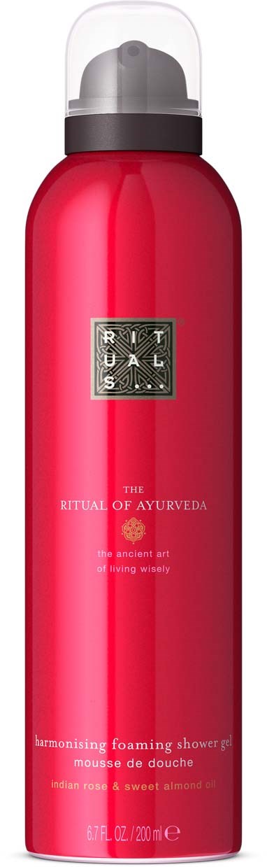Czerwona butelka z szarym korkiem, oznaczona Rituals The Ritual of Ayurveda pianka pod prysznic, 200 ml.