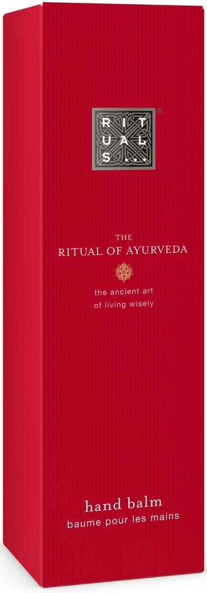 Red box packaging for a hand balm by Rituals of Ayurveda with a silver logo and white text.