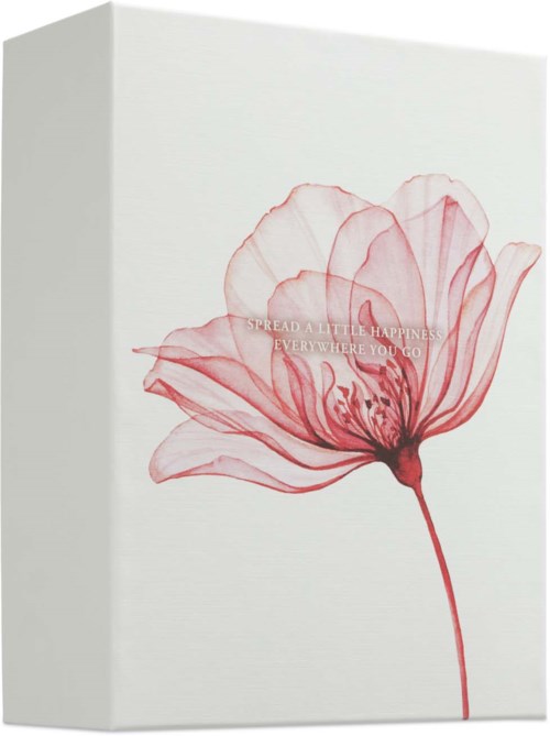 En fin rosa blomma med lätta linjer och en tunn stjälk, med ett svagt citat om lycka.