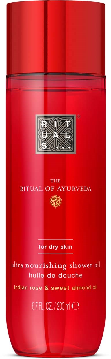 Rote Flasche mit nährender Duschöl mit indischer Rose und süßer Mandel für trockene Haut.