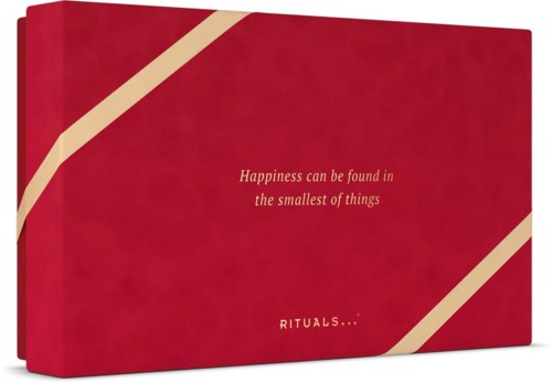 Red box with beige diagonal stripes and a quote about happiness and small things.