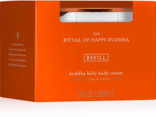 Förpackning för Buddha belly-kroppskräm, orange och vit, med produktinformation och varumärke.