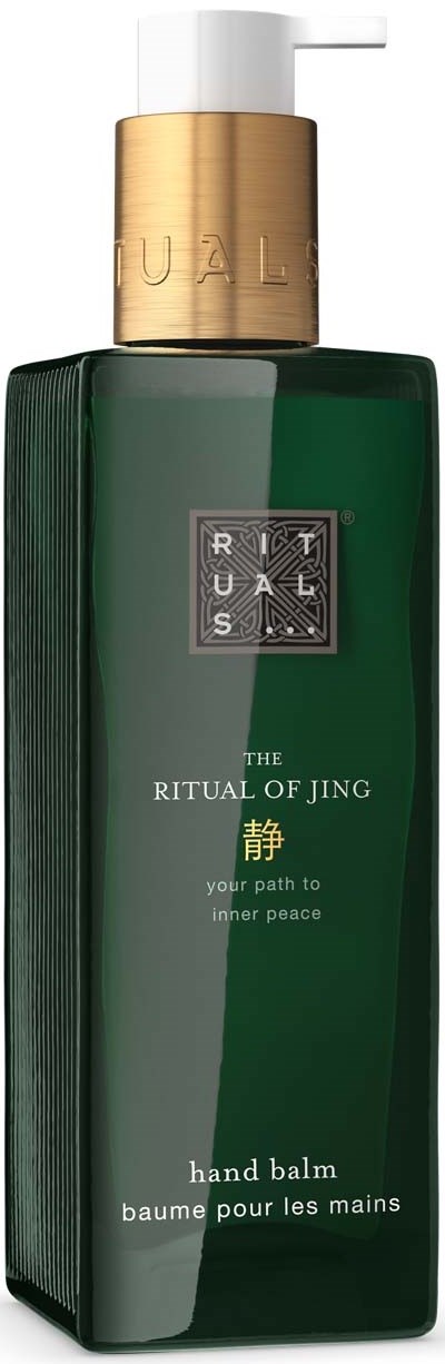 Ciemnozielona butelka balsamu do rąk z złotym dozownikiem i etykietą z napisem The Ritual of Jing. Mały tekst: twoja ścieżka do wewnętrznego spokoju.